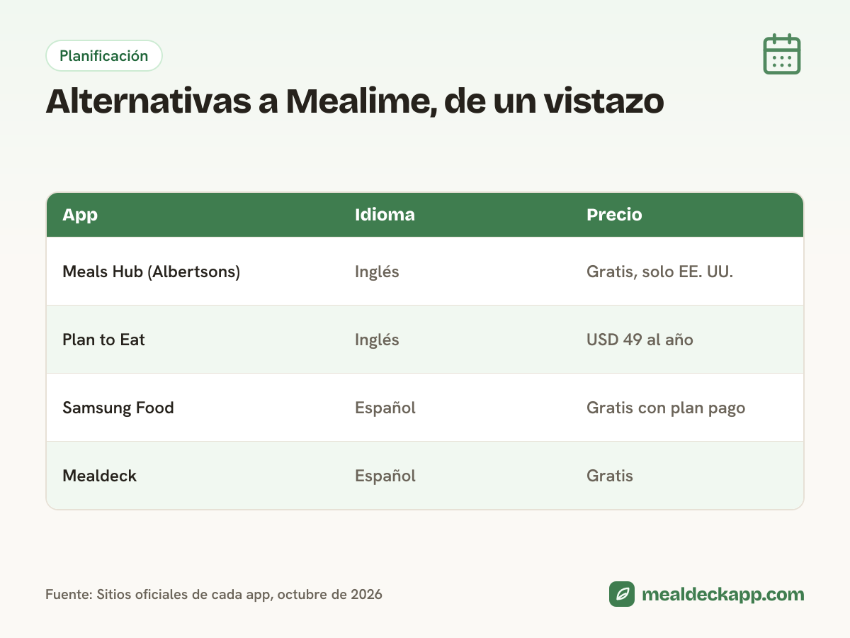 Alternativas a Mealime por idioma y precio: Meals Hub y Plan to Eat en inglés, Samsung Food en español con plan pago y Mealdeck en español y gratis.