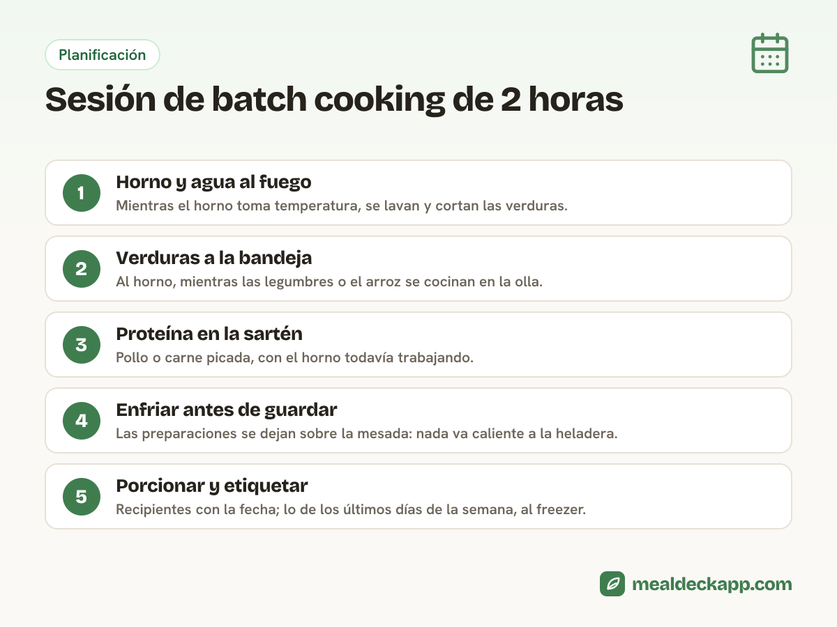Cinco pasos de una sesión de batch cooking de dos horas: horno y agua al fuego, verduras al horno, proteína en sartén, enfriar y porcionar con etiqueta
