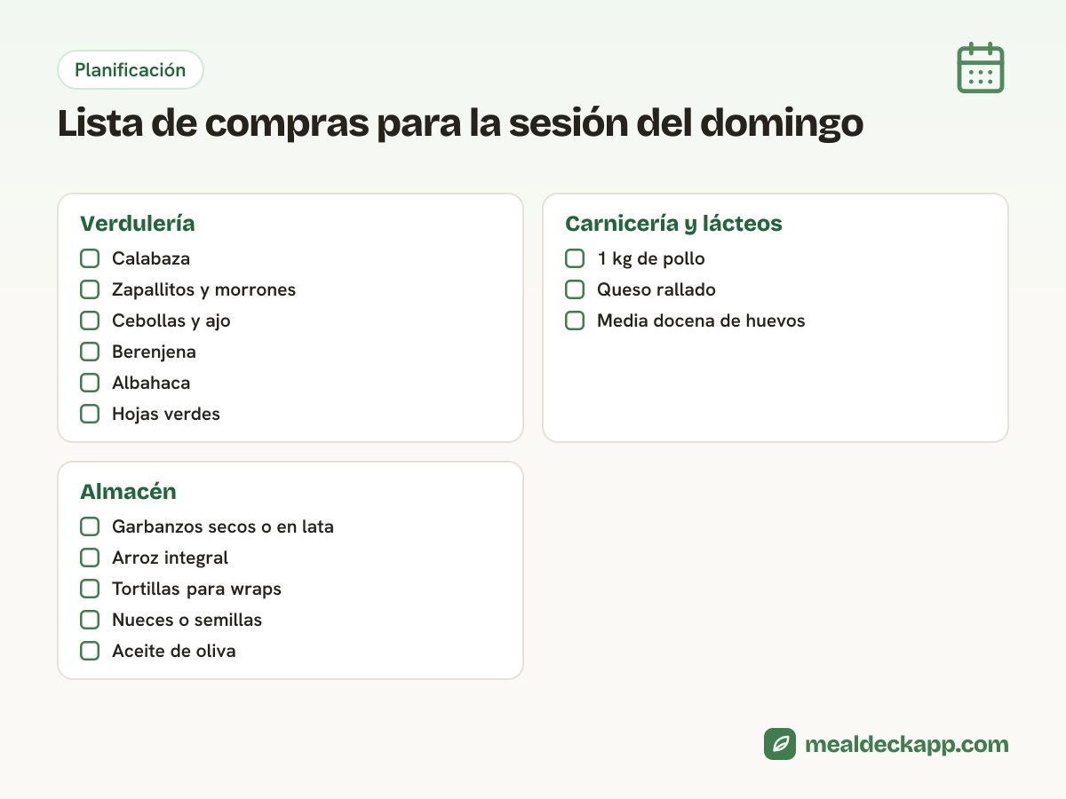 Lista de compras del batch cooking por sección: verdulería con calabaza y morrones, carnicería y lácteos con pollo y huevos, almacén con garbanzos y arroz integral