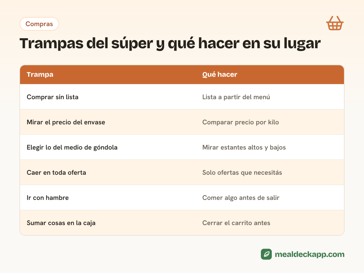 Tabla de trampas habituales del supermercado y qué hacer: comprar sin lista, mirar solo el precio del envase, caer en ofertas, ir con hambre y sumar cosas en la caja