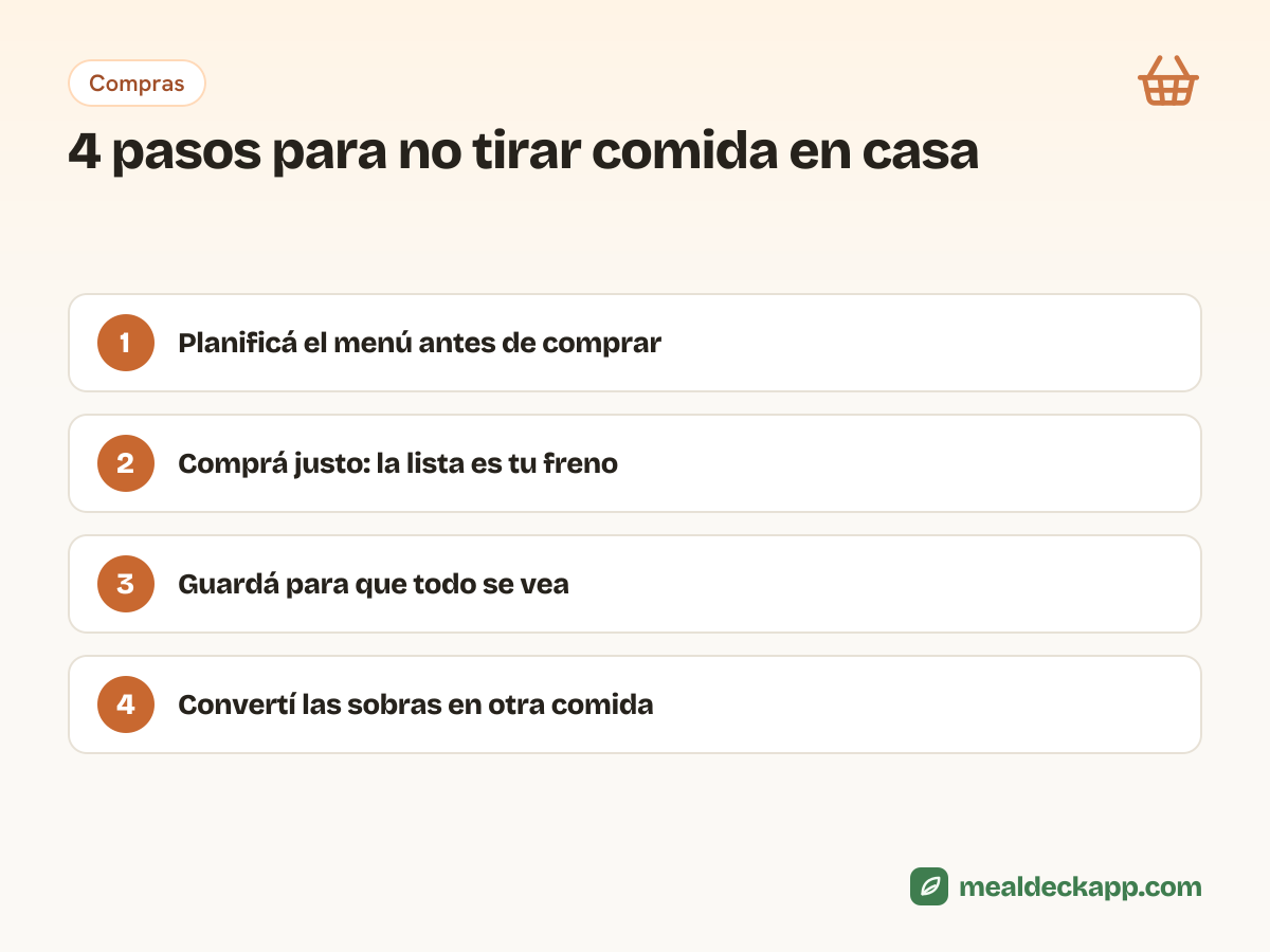 Cuatro pasos para no desperdiciar comida: planificar el menú antes de comprar, comprar justo con lista, guardar para que todo se vea y convertir las sobras en la próxima comida