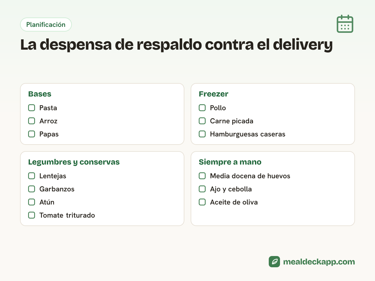 Lista de la despensa de respaldo para no pedir delivery: pasta, arroz y papas; pollo y carne picada en el freezer; lentejas, atún y tomate; huevos, ajo y cebolla