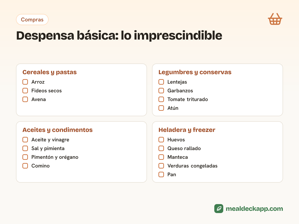 Lista de despensa básica por categoría: arroz, fideos y avena; lentejas, garbanzos, tomate y atún; aceite, vinagre y especias; huevos, queso rallado y verduras congeladas