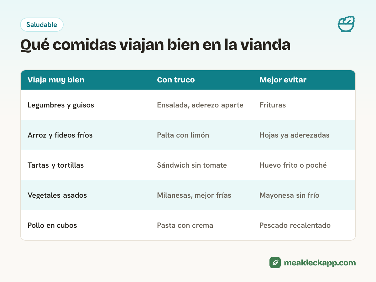 Tabla de qué viaja bien en la vianda: legumbres, arroz frío y tartas viajan muy bien; ensaladas y sándwiches con truco; frituras y hojas aderezadas mejor evitarlas